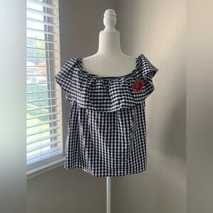 Gingham Off-Shoulder Top with Red Rose Accent